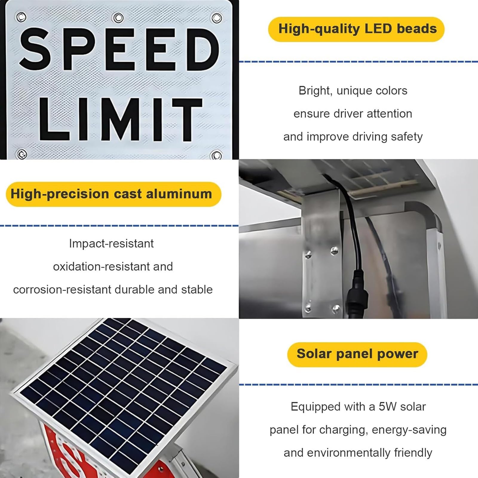Señal LED de límite de velocidad intermitente con energía solar, señal de advertencia de tráfico de alta visibilidad, impermeable IP65 para uso en carretera y exteriores