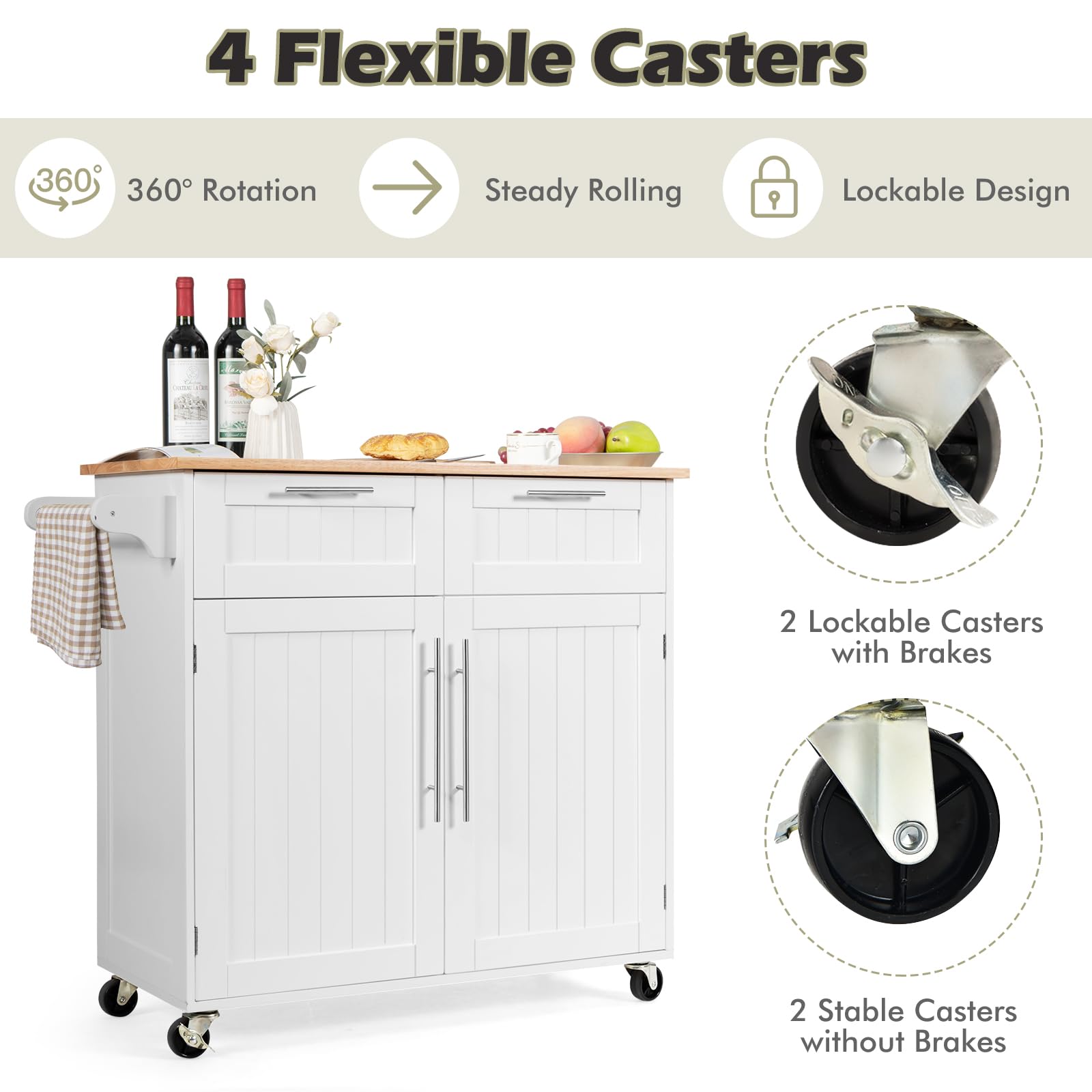 KOMFOTTEU Carrello da cucina con piano di lavoro, isola da cucina con ruote, carrello da portata con 2 cassetti e porte, carrello grande in legno, carrello da cucina, 94 x 45,5 x 94,5 cm (bianco)