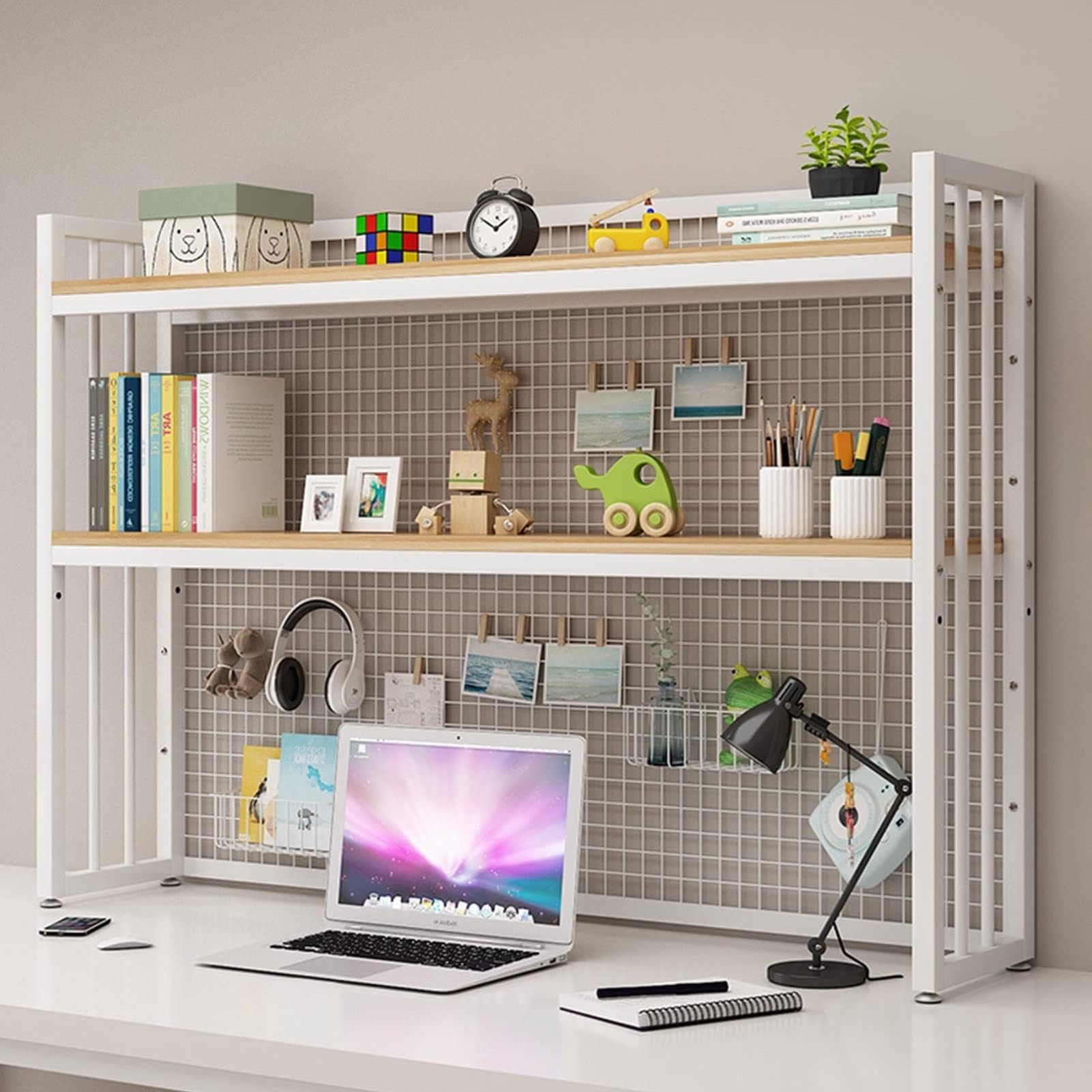 Scaffale per Ufficio a 3 Strati, Scaffale per Organizzatore da Scrivania, Organizzatore per Desktop da Ufficio con Pannello Traforato, Allungabile, per Camera da Letto/Ufficio