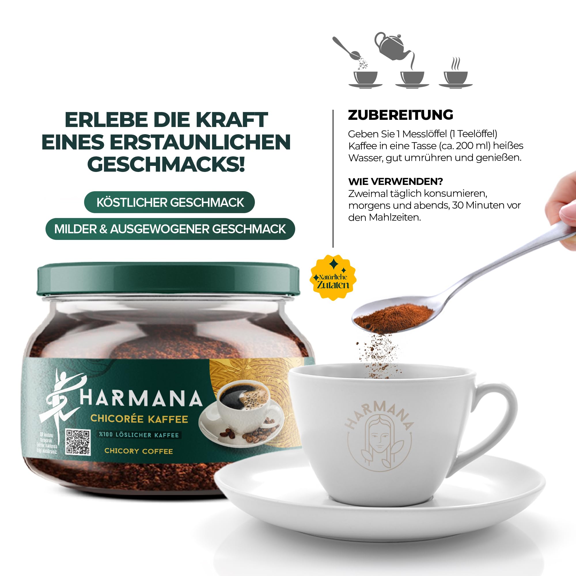 Harmana Zichorienkaffee Instant, 150g (60 Portionen), 60% Instant Kaffee, 40% Zichorie, mit Koffeinfrei für mehr Energie Coffee, kräftiger Geschmack, natürlich, ohne Zuckerzusatz
