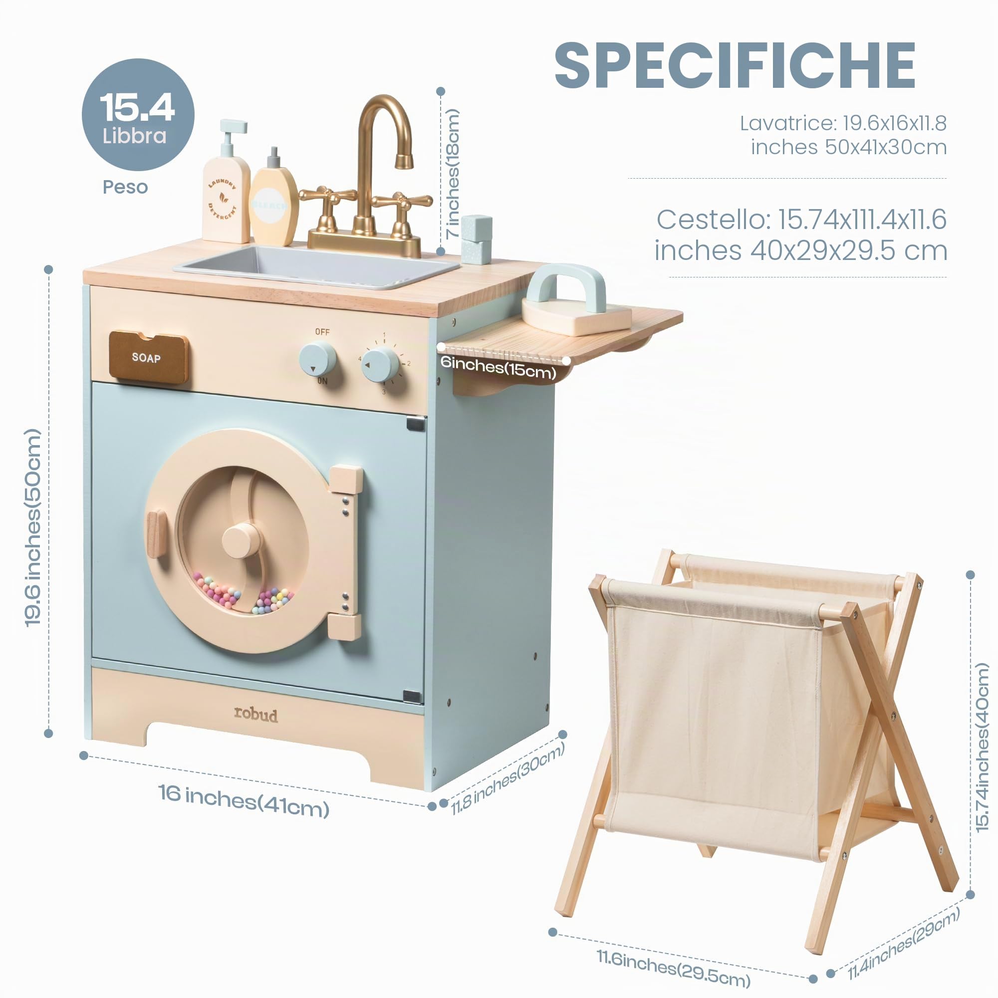 ROBUD Lavatrice per bambini in legno con cesto per la biancheria, asse da stiro, detersivo e altro ancora, adatta per bambini dai 3 anni