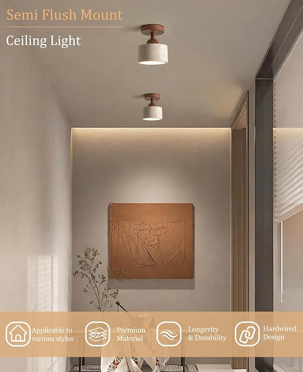 WOSBO Yellow Travertine Ceiling Light, 4.7" Diameter Modern Wabi Sabi Ceiling Light Fixture with Natural Stone Lampshade Wood Base Semi Flush Mount MCM Ceiling Lamp for Bedroom Hallway(No Bulb) by WOSBO - Used condition - Image 6