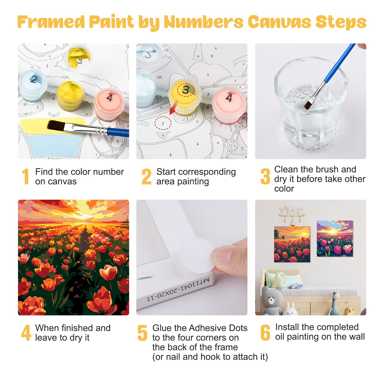 MXJSUA 4 Kit Pittura Con Numerari Per Bambini 6-12 Anni – Faro Alba Paesaggio Su Tela 20x20 Cm Con Cornice, Colori Acrilici E Pennelli – Regalo Creativo Fai Da Te - 3