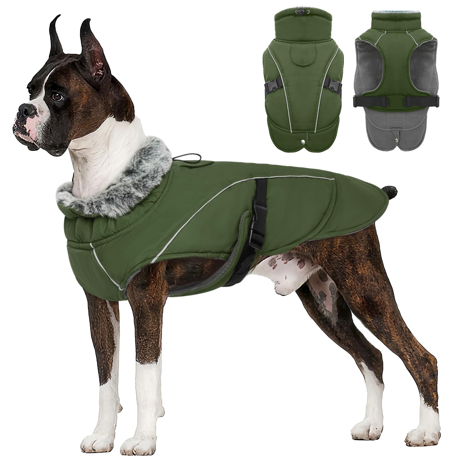 Manteaux d'hiver pour Chiens, Manteau Polaire Chien Grande Gilet Chien Hiver Manteau pour Bouledogue Francais Chihuahua avec Bandes Réfléchissantes(Vert Armée, 3XL)