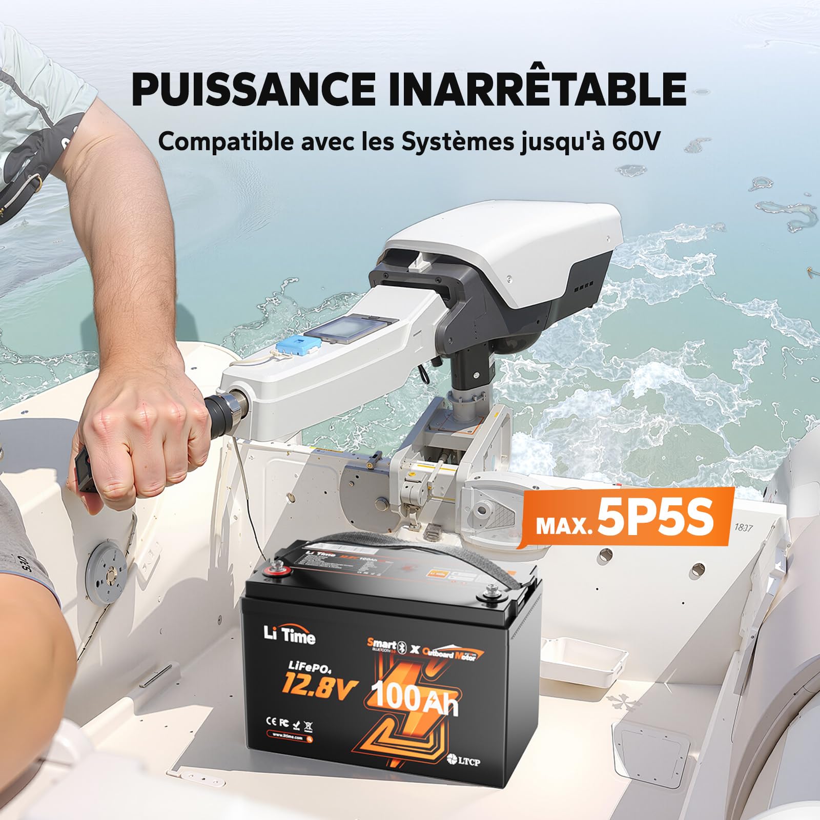 LiTime Batterie Lithium 12V 100Ah Bluetooth pour Moteur Electrique Bateau | LiFePO4, 100A BMS, Max. 15000 Cycles, Énergie 1280Wh, IP65, Protection Anti-froid, Max 4P4S, pour Bateaux, Yachts, Pêche