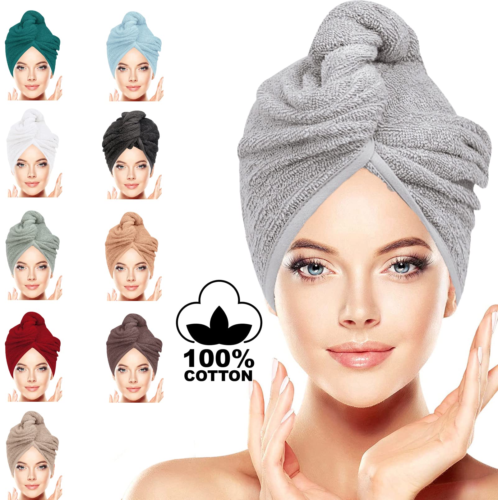 BAVIN LUXURY Hair Towel Wrap 100% Cotton, Instant Drying Lightweight Turban Cap Super Quick Absorbent Anti-Frizz Twist Toweling Dry Hat with Button Loop for Long Curly Hairs, 62CM x 23CM Silver Pair
