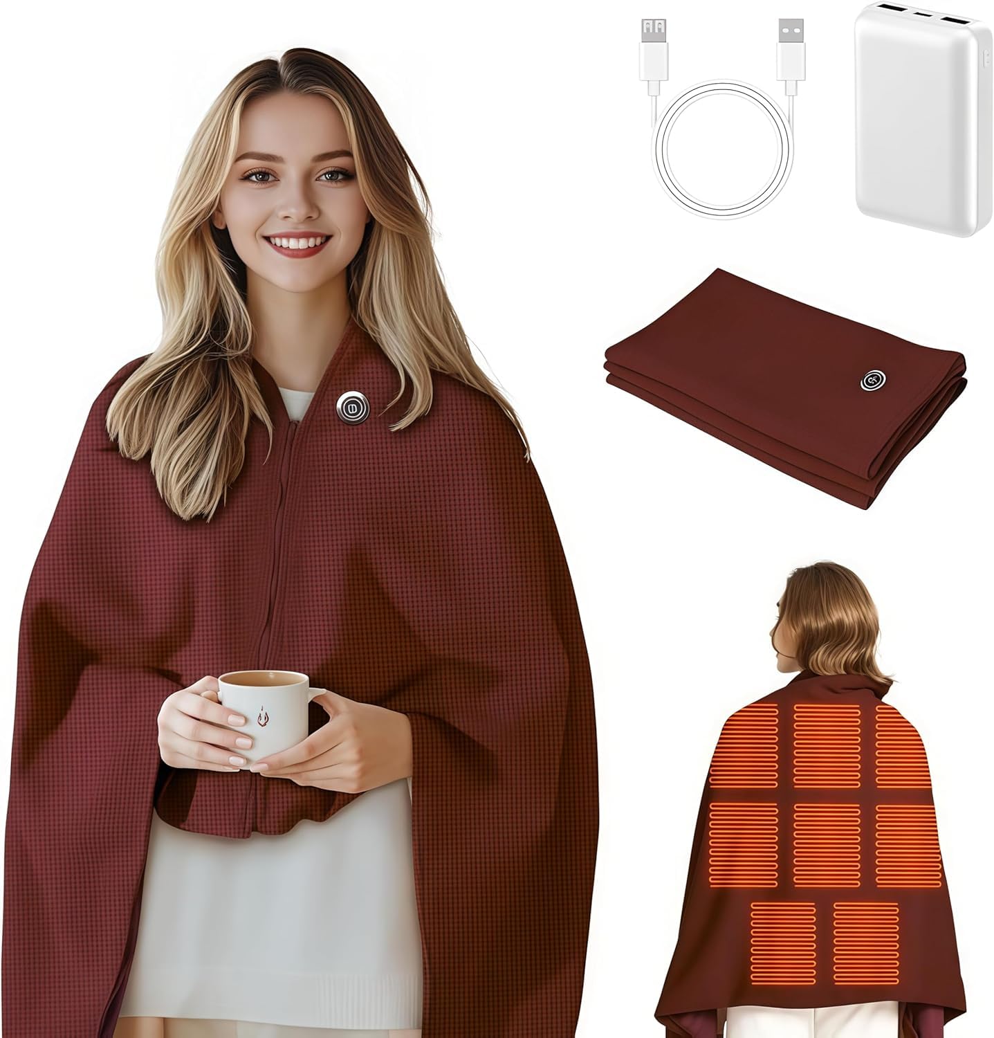 Portable Heated Shawl, Cordless Heated Blanket Heated Shawl Wraps for Women Wearable Heated Blanket Heated USB Charging with 3 Heating Levels (Dark