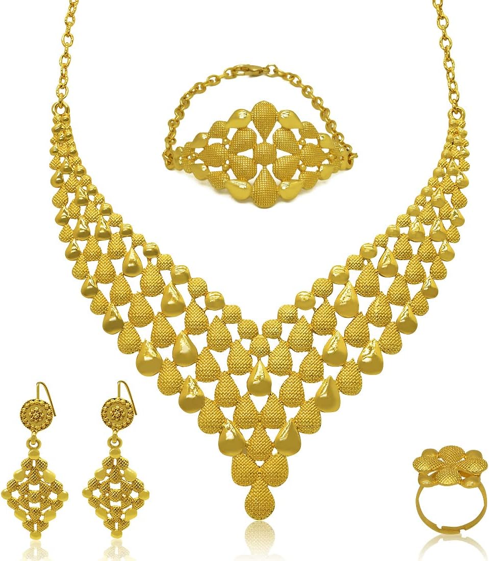 Indian Bollywood Women Jewelry Sets 24K Gold Plated Dubai Gold Necklace Earrings Bangle Fashion Wedding Prom Jewelry Set