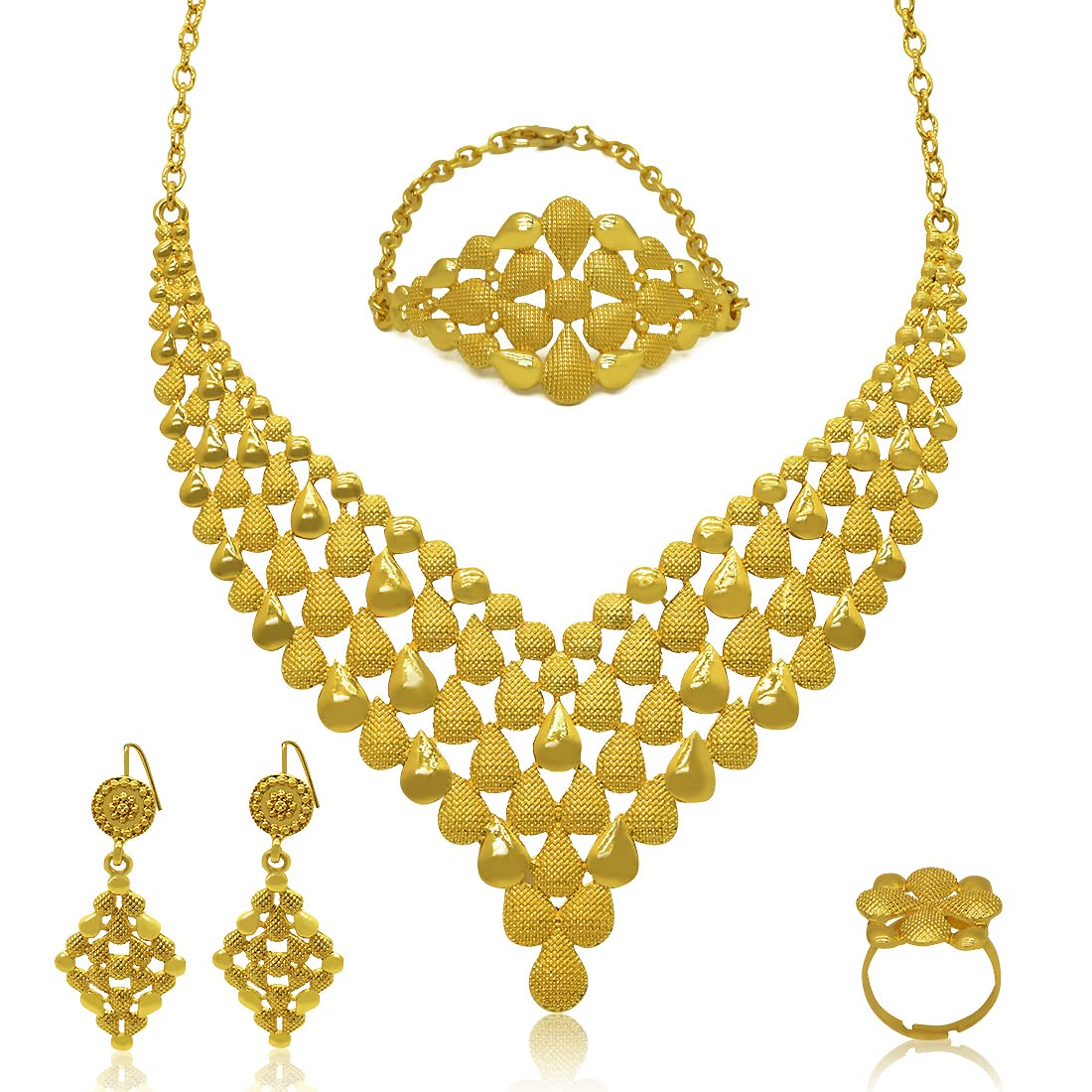 Indian Women Jewelry Necklace Set African Dubai Bride Wedding Prom Fashion Jewelry 24K Gold Plated Necklace Bangle Ring Earrings Set of 4, 24K Gold, No Gems, 24K Gold, No Gemstone