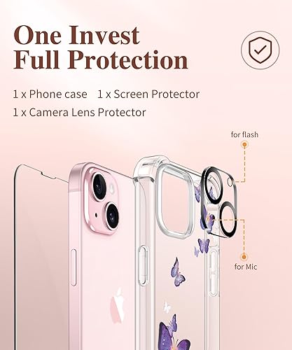 Miniatura 7 de GVIEWIN Funda para iPhone 15, 5 en 1 con 2 protectores de pantalla y 2 protectores de lente de cámara, transparente, suave, a prueba de golpes,