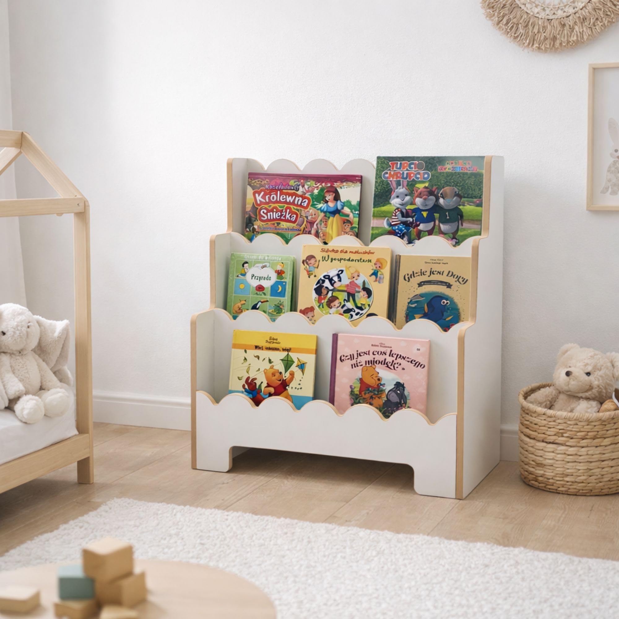 Montessori Kinderregal Weiß – Stabiles Bücherregal für Kinder – Regal für Spielzeug und Bücher – Erhältlich in 63, 73, 83 cm Breite (83cm)