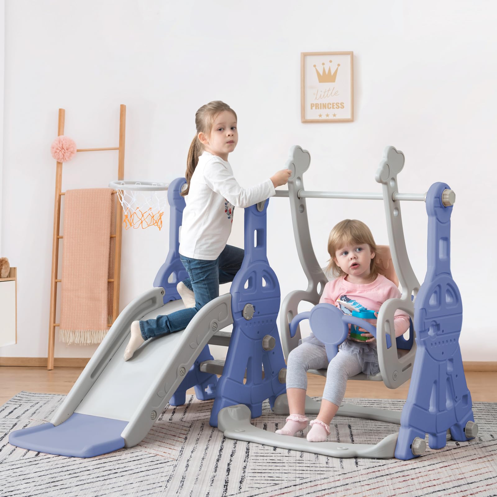 Tobogán infantil 4 en 1 con columpio y canasta de baloncesto, torre de escalada multifuncional y parque infantil para interiores y exteriores, columpio para bebés y tobogán con zona de