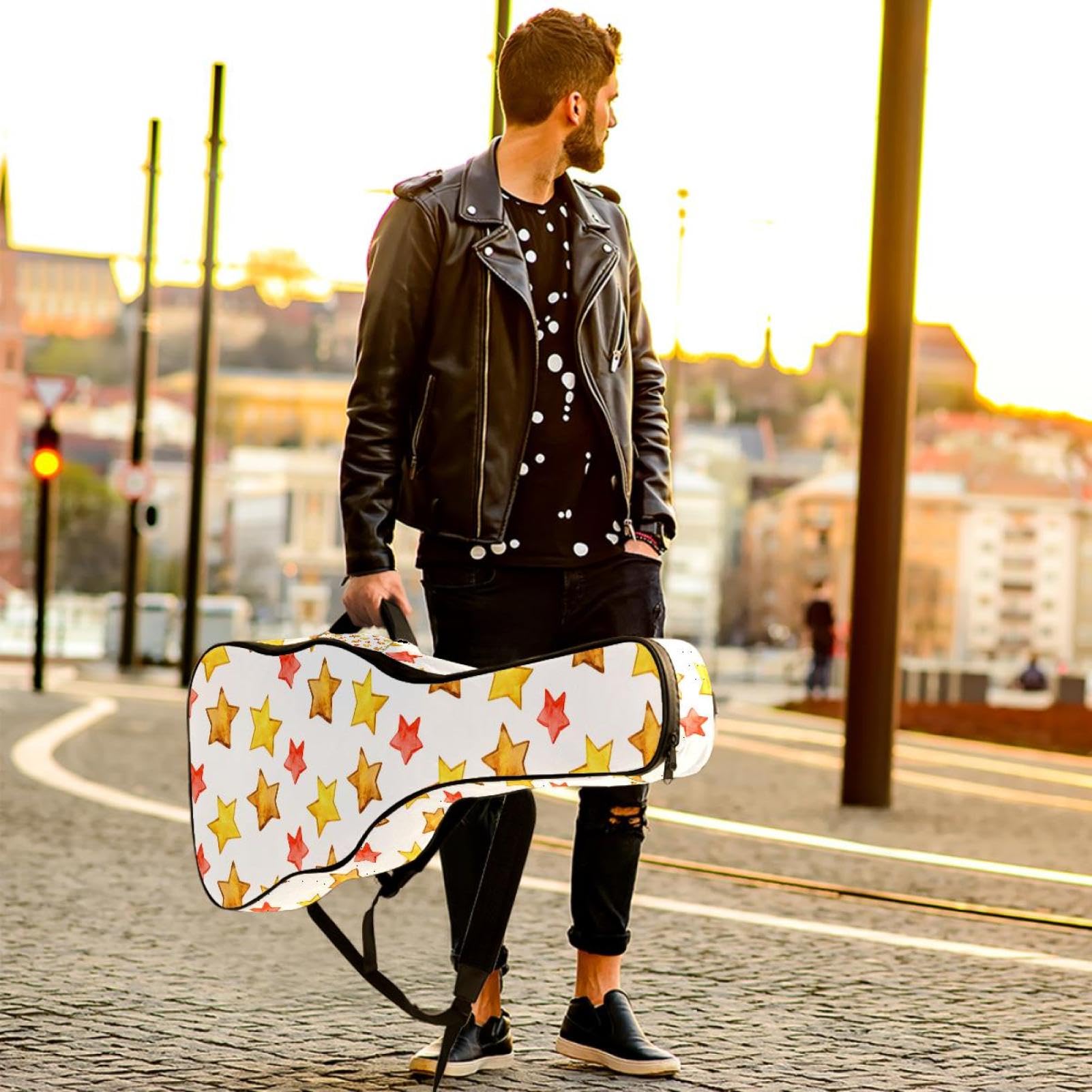 Torba na gitarę akustyczną wodoodporny plecak na gitarę grubo miękki wyściełany żółty gwiazda klasyczna obudowa na gitarę, wielobarwny, 42.9x16.9x4.7 in, Organizer do torby
