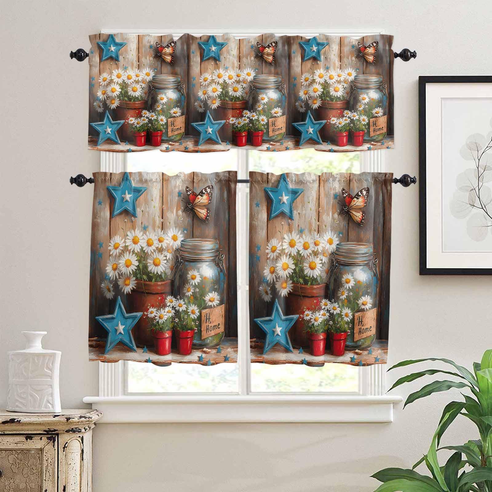 Country Flower Kitchen Curtains 24 Inch Length,3 Piece Rod Pocket Small Half Tiers and Valance Set,Western Texas Star Butterfly Barn Door Small Large Window Treatment Decor for Bedroom/Bathroom Sink