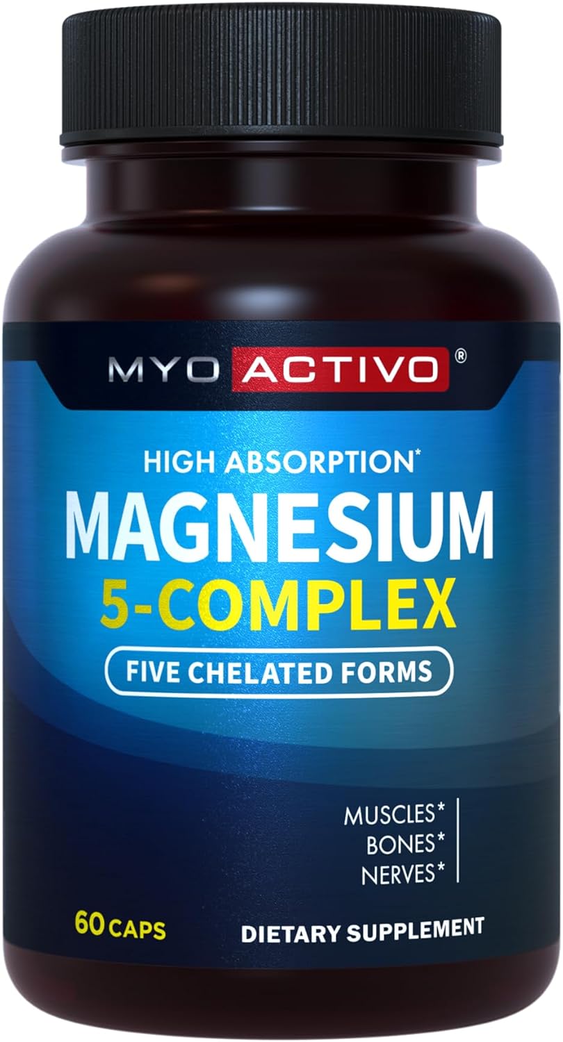 MyoActivo 5-in-1 Magnesium Complex - High Absorption - Chelated Magnesium Glycinate, Malate, Citrate, Taurate, & Aspartate for Nerves, Muscles, Bones | 120 Capsules | Magnesium Supplement