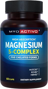 MyoActivo 5-in-1 Magnesium Complex for Women, High Absorption, 60 Capsules | 5 Chelated Forms - Magnesium Glycinate, Malate, Citrate, Taurate, Aspartate - Labdoor Tested, Made in USA - Bones, Muscles