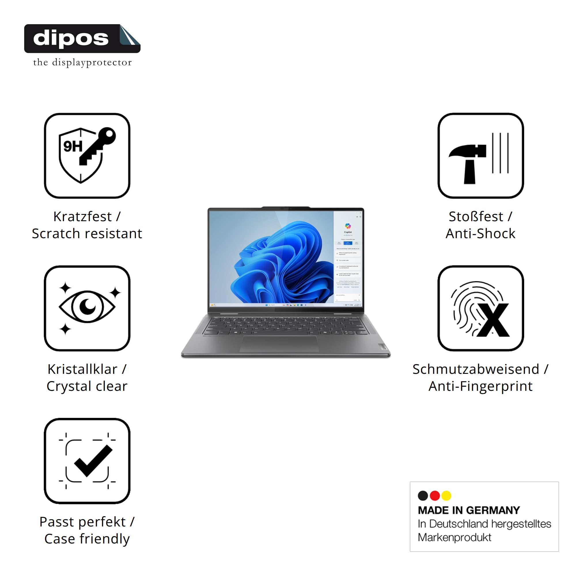 dipos 2x Pellicola 9H per Lenovo Yoga 7i 2-in-1 Gen 9 83DJ00HRGE | Non si rompe e non si scheggia, non è vero vetro, Anti-Shock, si adatta perfettamente, antigraffio, senza bolle, autoadesiva