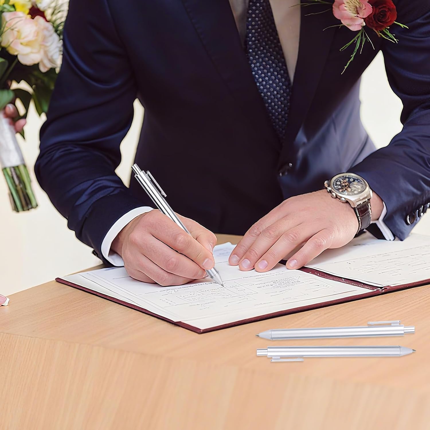 50 Pcs Silver Pens for Writing Slim Ballpoint Metallic, Retractable Silver Pen for Business Office Wedding Guest Book, Slim Pen Black Ink Smooth Writing 1.0 mm Graduation Present Students Teachers