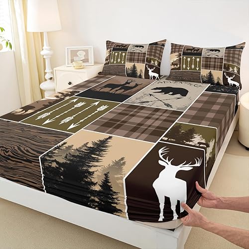 Miniatura 306 de Sábana bajera ajustable de oso de caza, juego de ropa de cama a cuadros de búfalo, sábanas de retazos de cabaña rústica para niños, niños, Multi