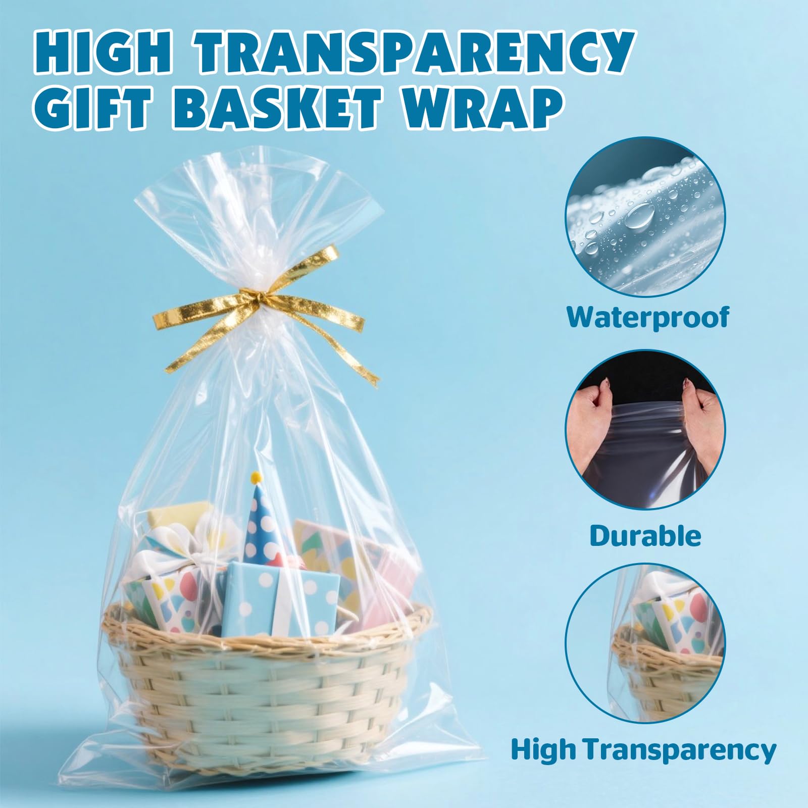 NUITPY 40 Pcs Cellophane Bags, 16 x 24 Inchs Cellophane Wrap for Gift Baskets, Durable Cellophane Gift Bag, Clear Basket Bag - Complimentary 40 Pcs Golden Twist Ties