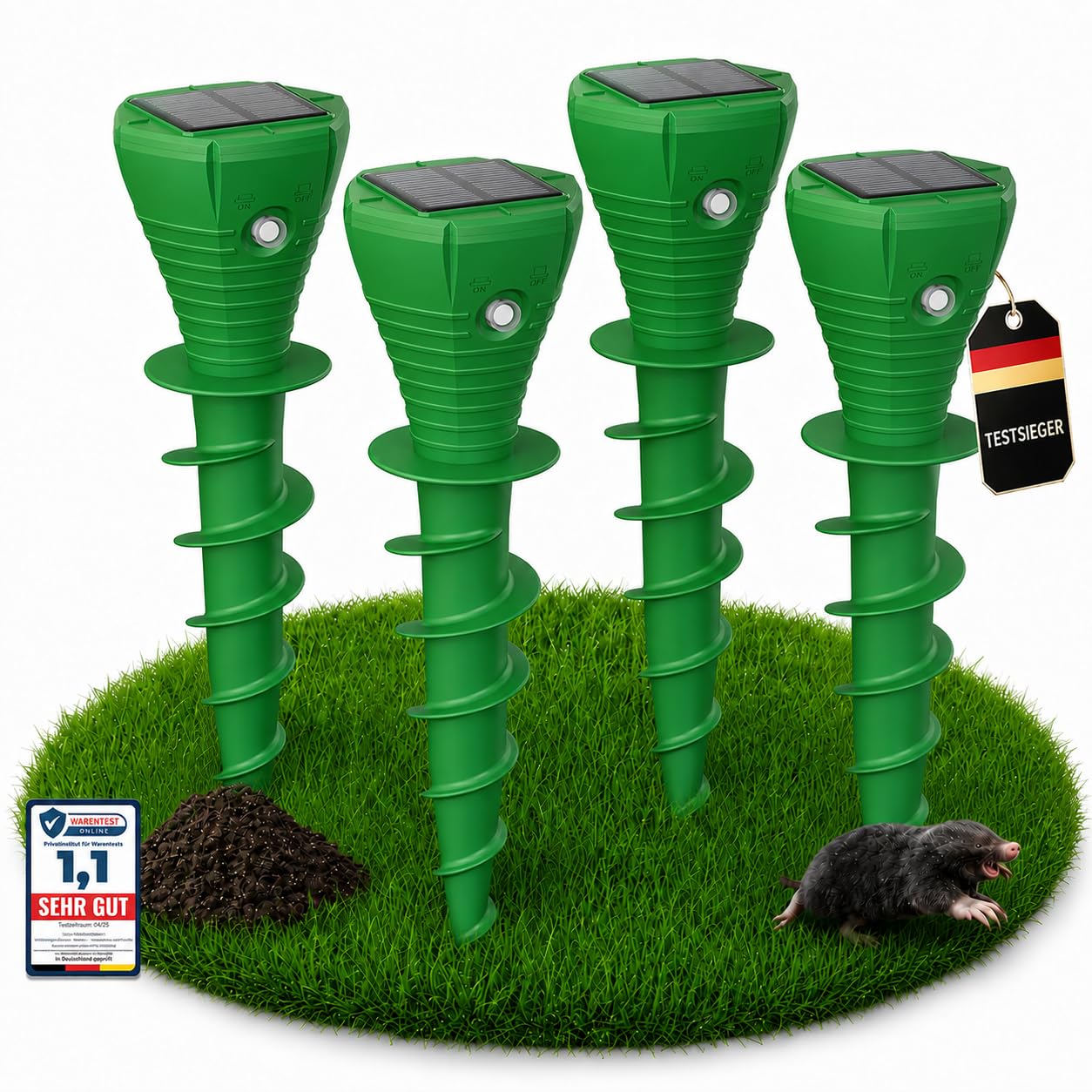 MEKEET Maulwurf Vertreiber Solar 4er Set, Maulwurfschreck mit Ultraschall & Vibration, IP65 Wühlmausschreck Solar zum Wühlmaus Vertreiben für Garten, Rasen und Beete
