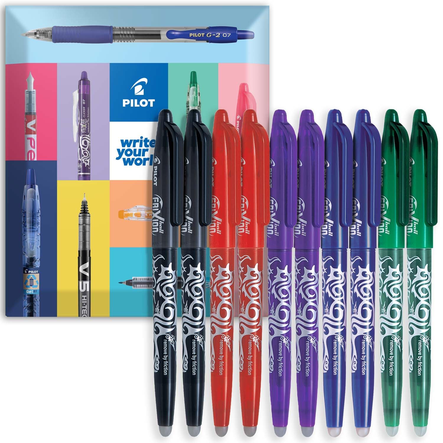 PILOT Frixion Heat/Friction Erasable Rollerball Pen FR7 - Medium 0.7mm Nib - In Envelope Gift Packaging - Pack of 10 (Multicolor)