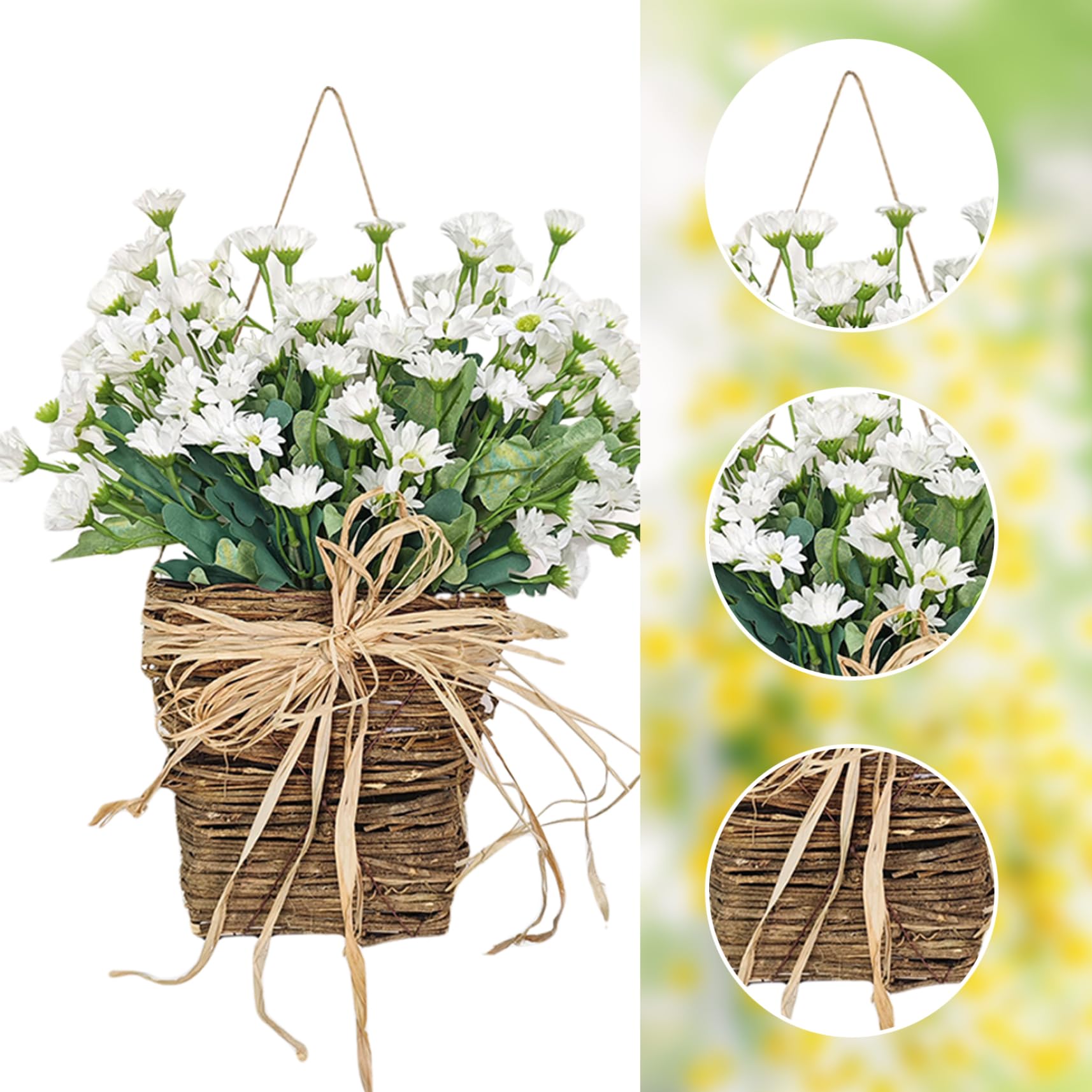 Ghirlanda primaverile per porta d'ingresso, ghirlanda floreale con cesto appeso con margherite artificiali per la decorazione primaverile della porta di casa