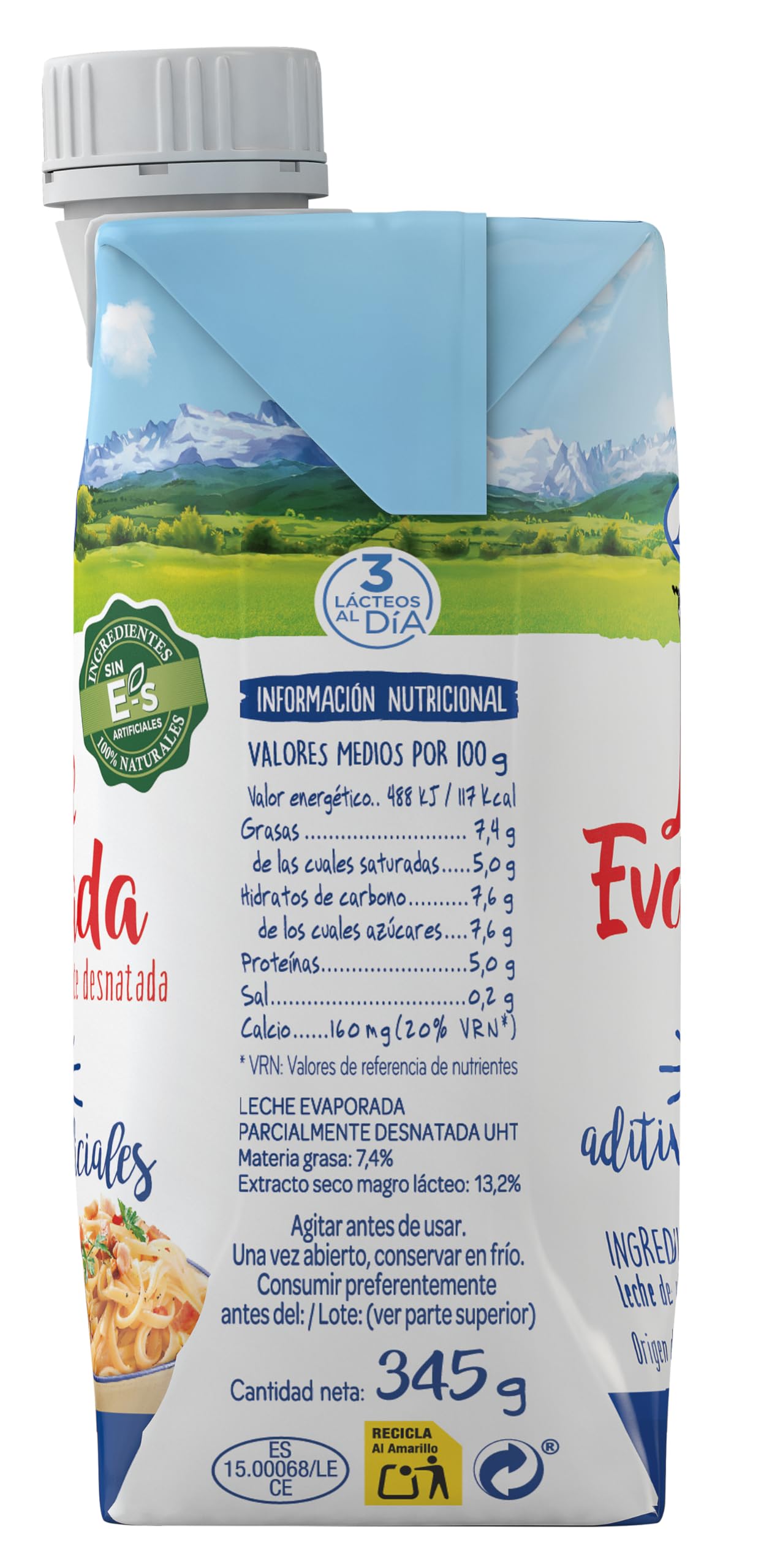 Central Lechera Asturiana Leche Evaporada parcialmente desnatada 7% MG, Brik 345g