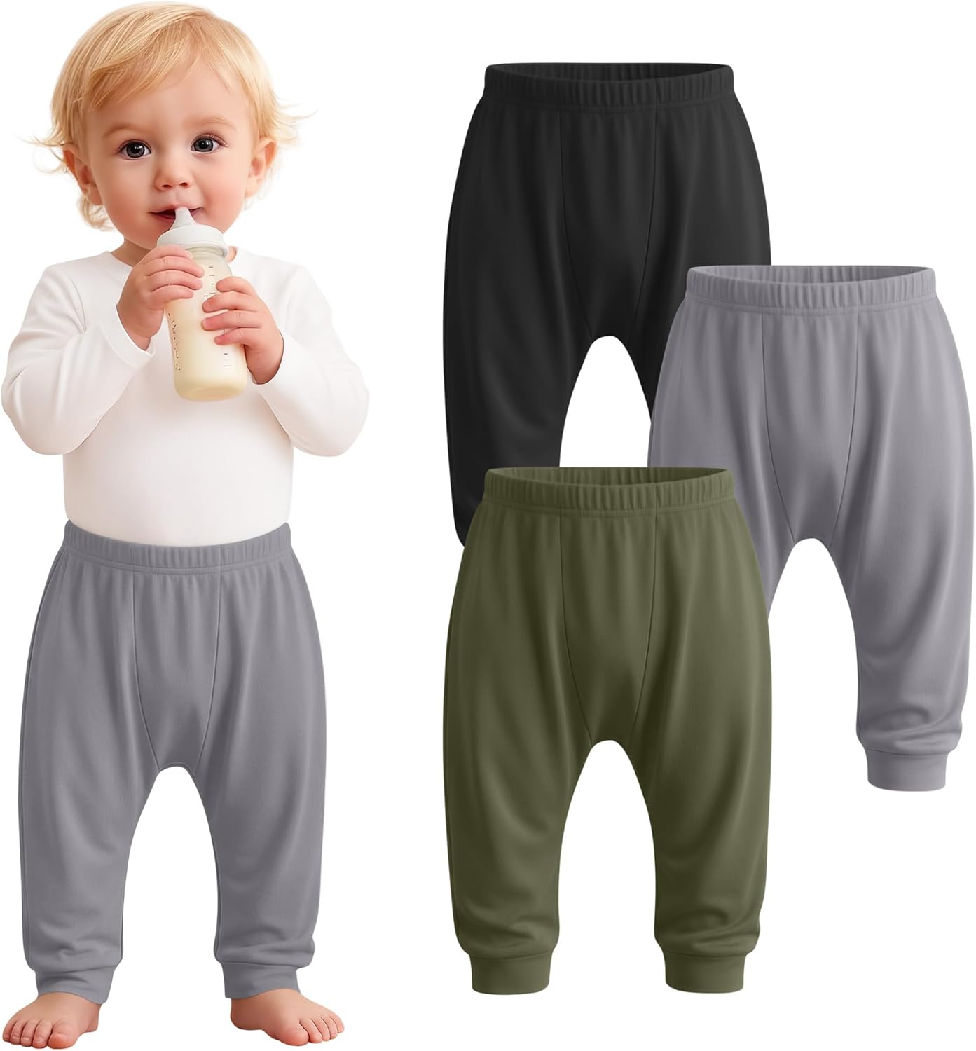 3 Pack Baby and Toddler Boys Girls Pants Elastic Waist Pull On Sweatpants Unisex Infant Jogger Pants for 6M-3T