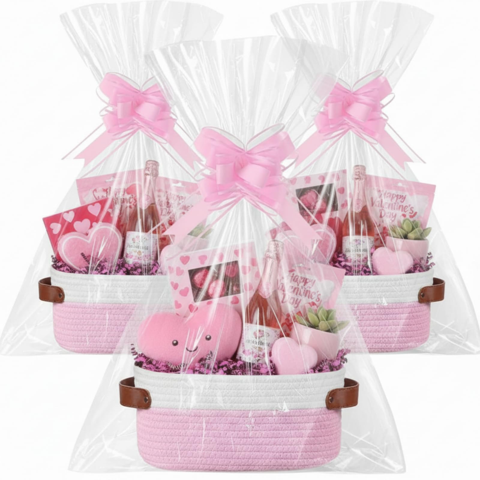 Colingmill 3 Pack Woven Basket with Handles Gift Bags and Ribbons Woven Baskets Storage Empty Decorative Gift Chest Box for Presents Package Gift Baskets Wedding(White and Pink,12"x 8"x 5")-image-2