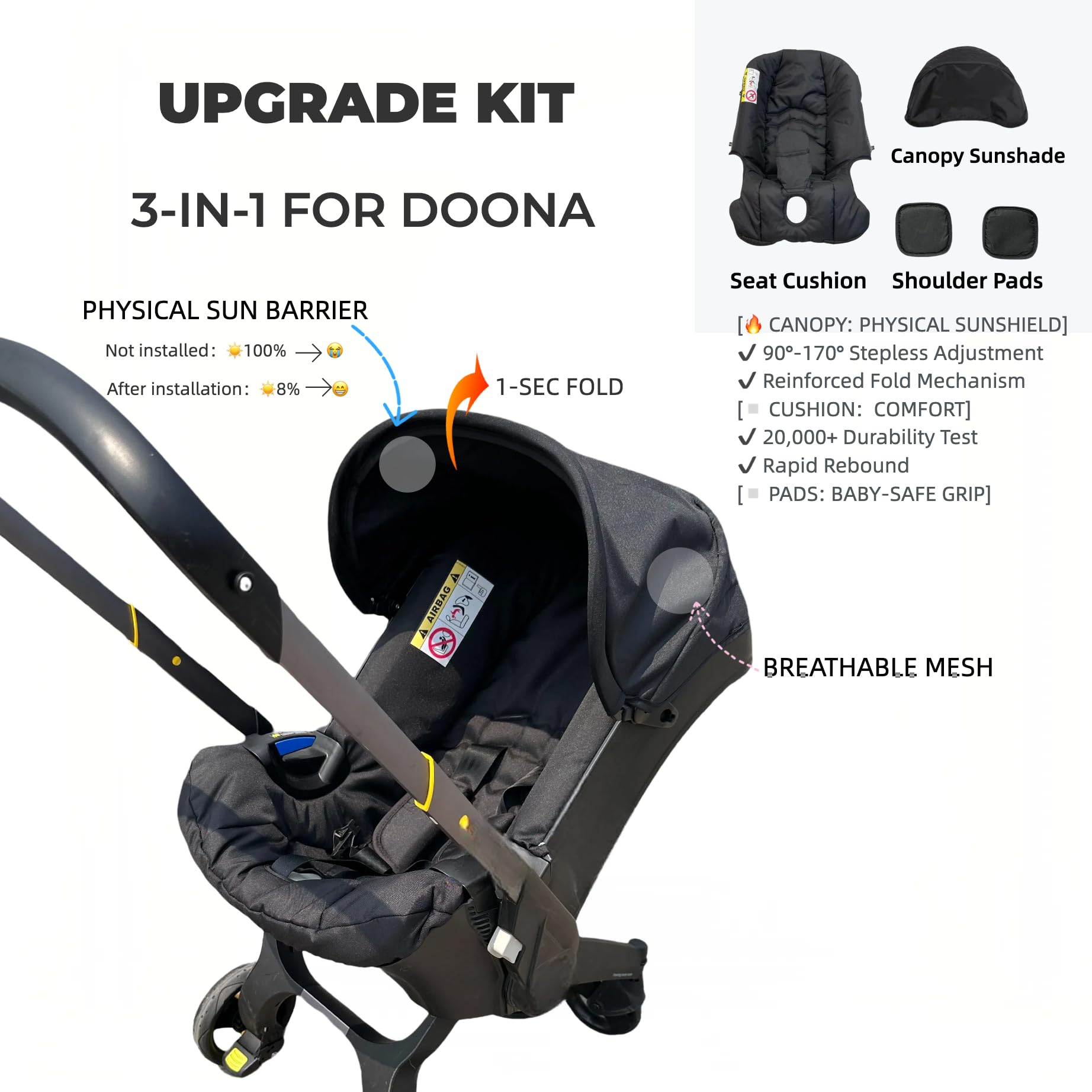 Stroller Care Kit for Doona/FooFoo/4in1 Car Seats: Seat Cushion + Canopy Sunshade Cover + 2 Shoulder Protectors, Black/Gray