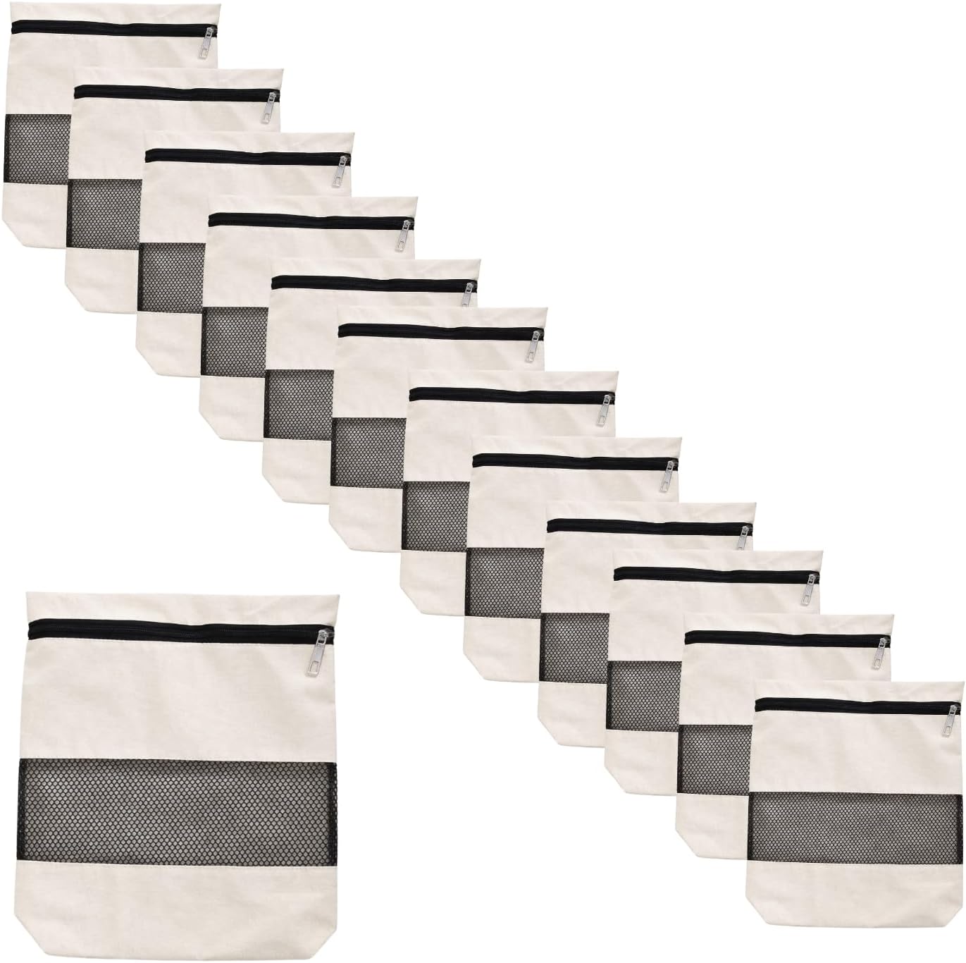 Mayatra's Reusable Produce Bags 12 Pack, Cotton Canvas Storage Bags with Mesh Window & Zipper, Grocery Shopping and Pantry Organizer, Black Trim
