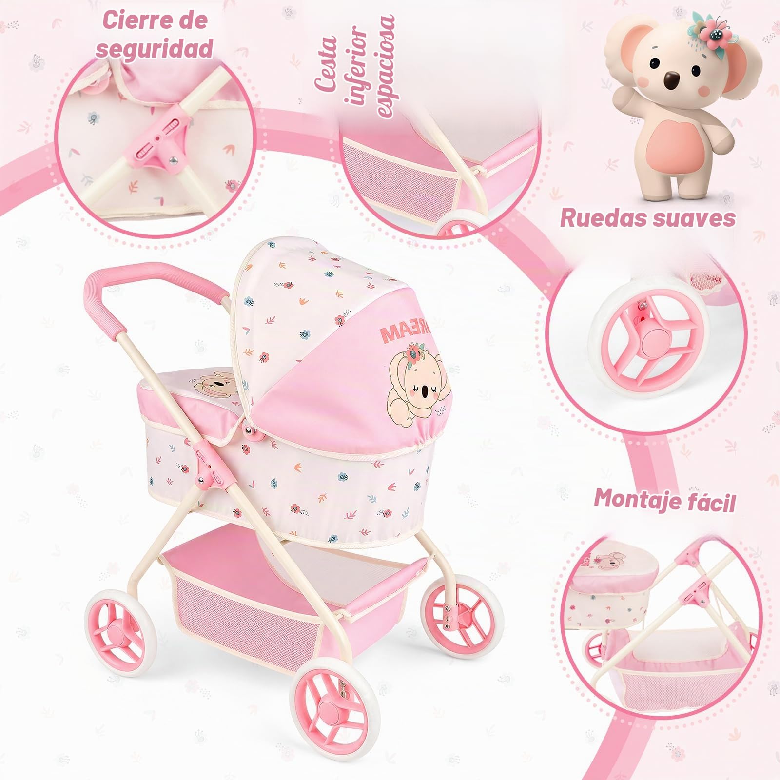deAO Carrito de Muñecas 2 en 1 con Capazo Extraíble y Capota Ajustable