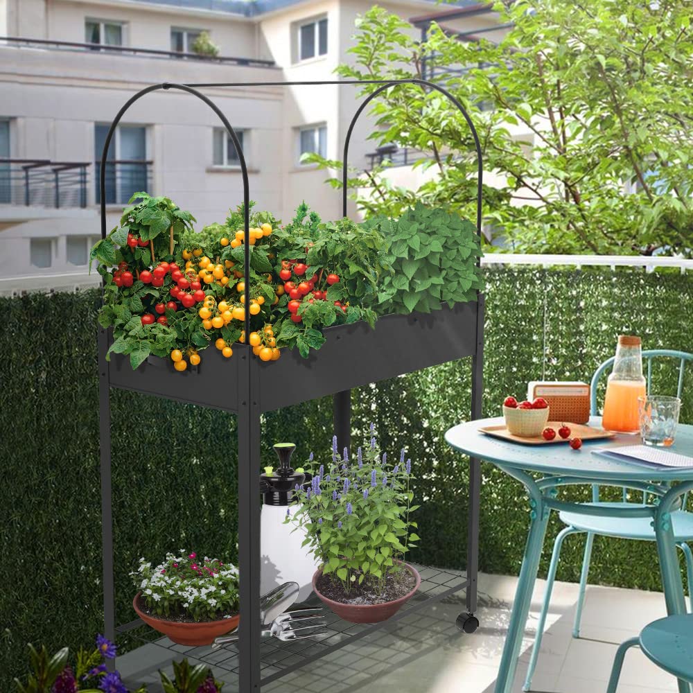VOUNOT® Huerto Urbano Terraza Mesa de Cultivo Cubierta de Protección, Jardinera Elevada con Ruedas Asa Lateral y Estante Inferior, para Plantas Flores Verduras Jardín Interior Exterior, Negro