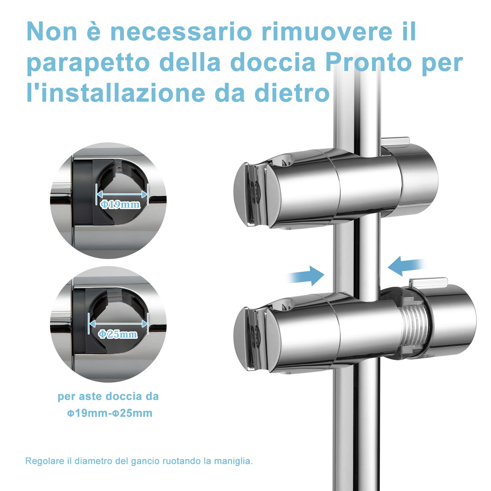 OFFO Supporto Soffione Doccia,19-25 mm Supporto Doccetta con Gancio regolabile, porta doccino per doccia, Cromo