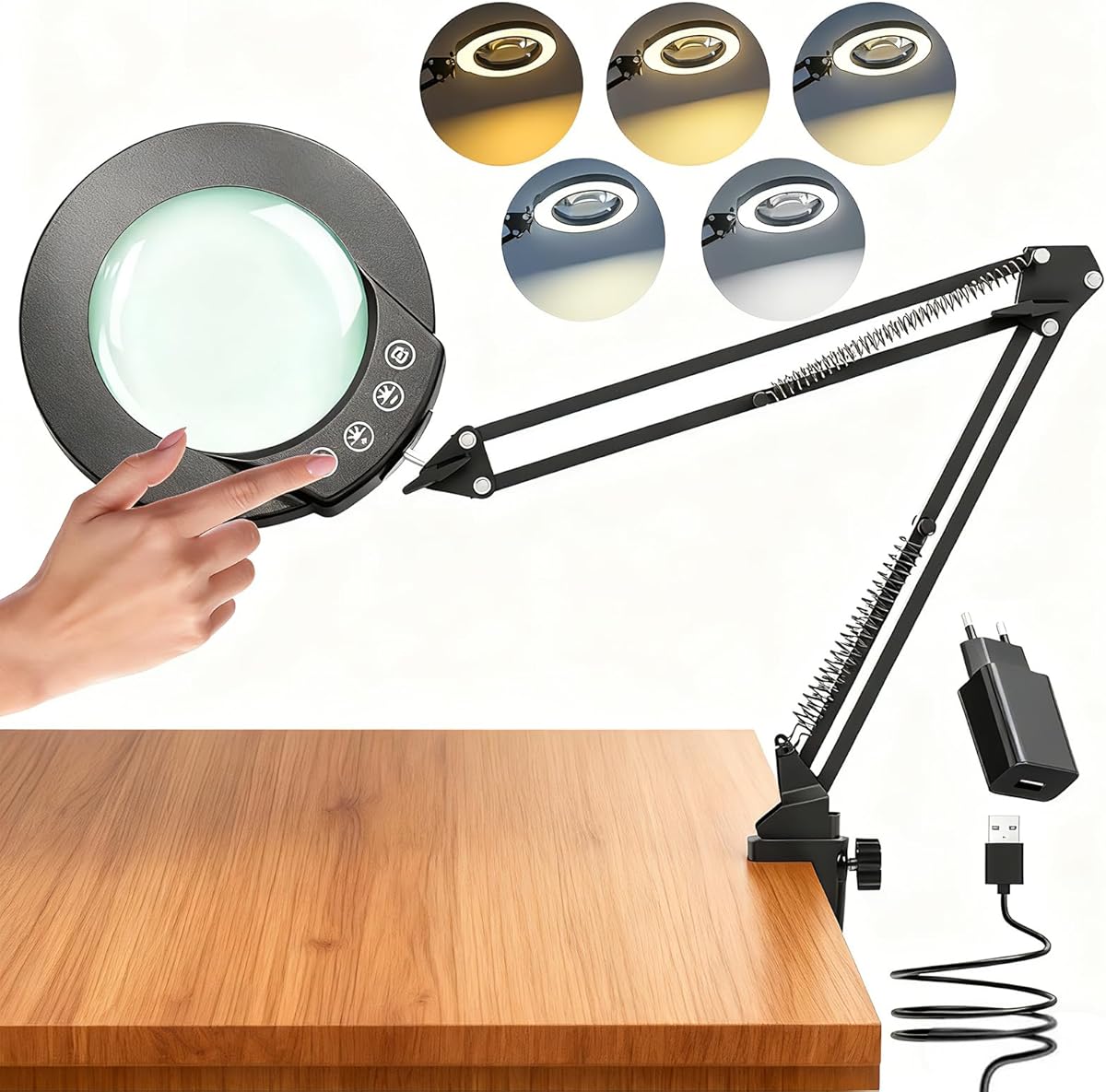 TYEE 10X Lupenlampe Lupe mit Licht und Klemme,beleuchtete Lupe aus echtem Glas mit 5 Farbmodi&stufenloser Dimmbarkeit,Touch-Steuerung Schreibtischlampe für Hobbys,Basteln,Lesen und Naharbeit (Schwarz)