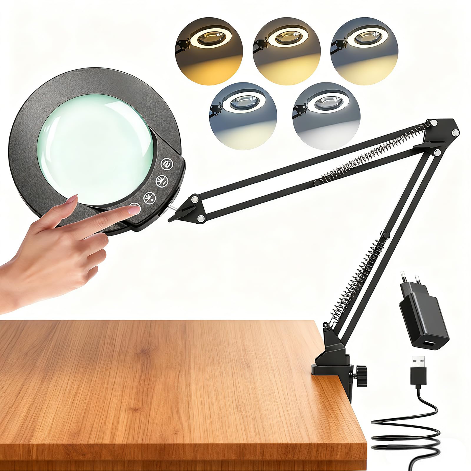 TYEE 10 lupas con luz y pinza, lupa iluminada de cristal auténtico con 5 modos de color y intensidad regulable sin niveles, lámpara de escritorio de control táctil para aficiones, manualidades