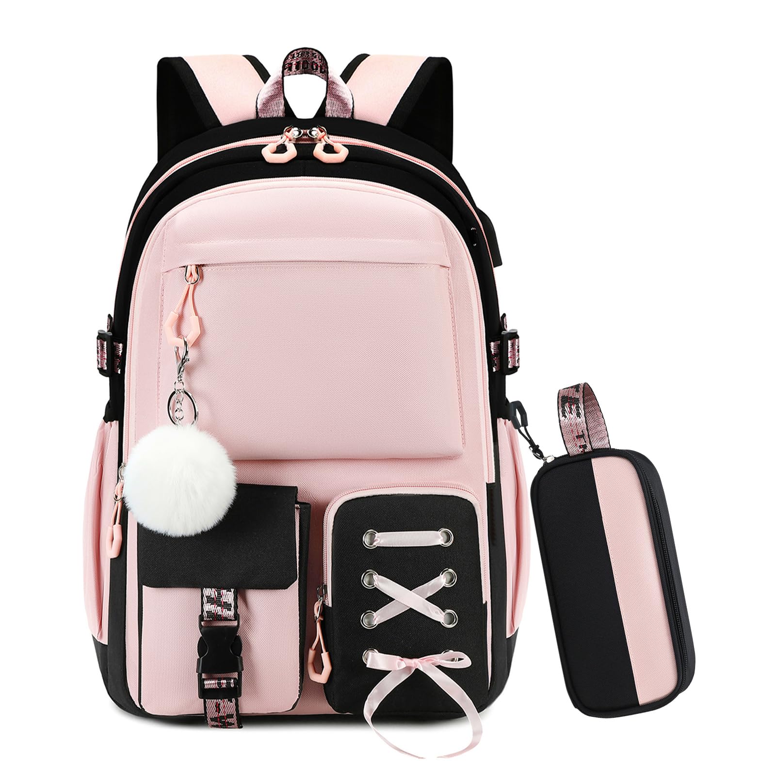 Ensemble Cartable Fille Primaire Collège 2 Pièces, Noir-Rose, 25L