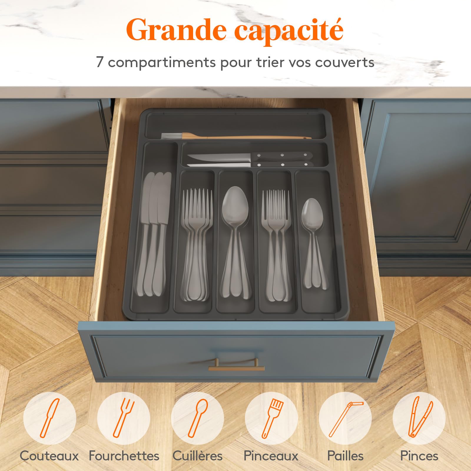 Lifewit Range Couverts Pour Tiroir Avec Couvercle, Boîte De Rangement Couverts De Cuisine, Organisateur De Couverts En Plastique, Pour Cuillères Fourchettes, Couteaux, 7 Compartiments, Noir
