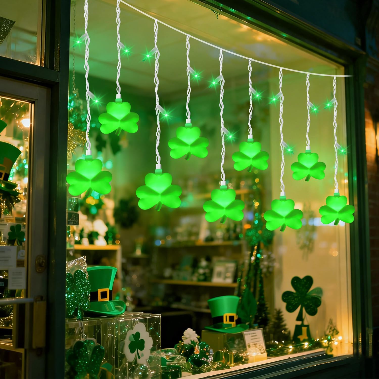 25 LED Green Shamrock Icicle Lights, 6.75FT St. Patricks Day Lights Curtain String Lights with 10 Shamrock & 25 LED Light for Lucky Clover St Patrick's Decorations Indoor Home Window Proch Party Decor