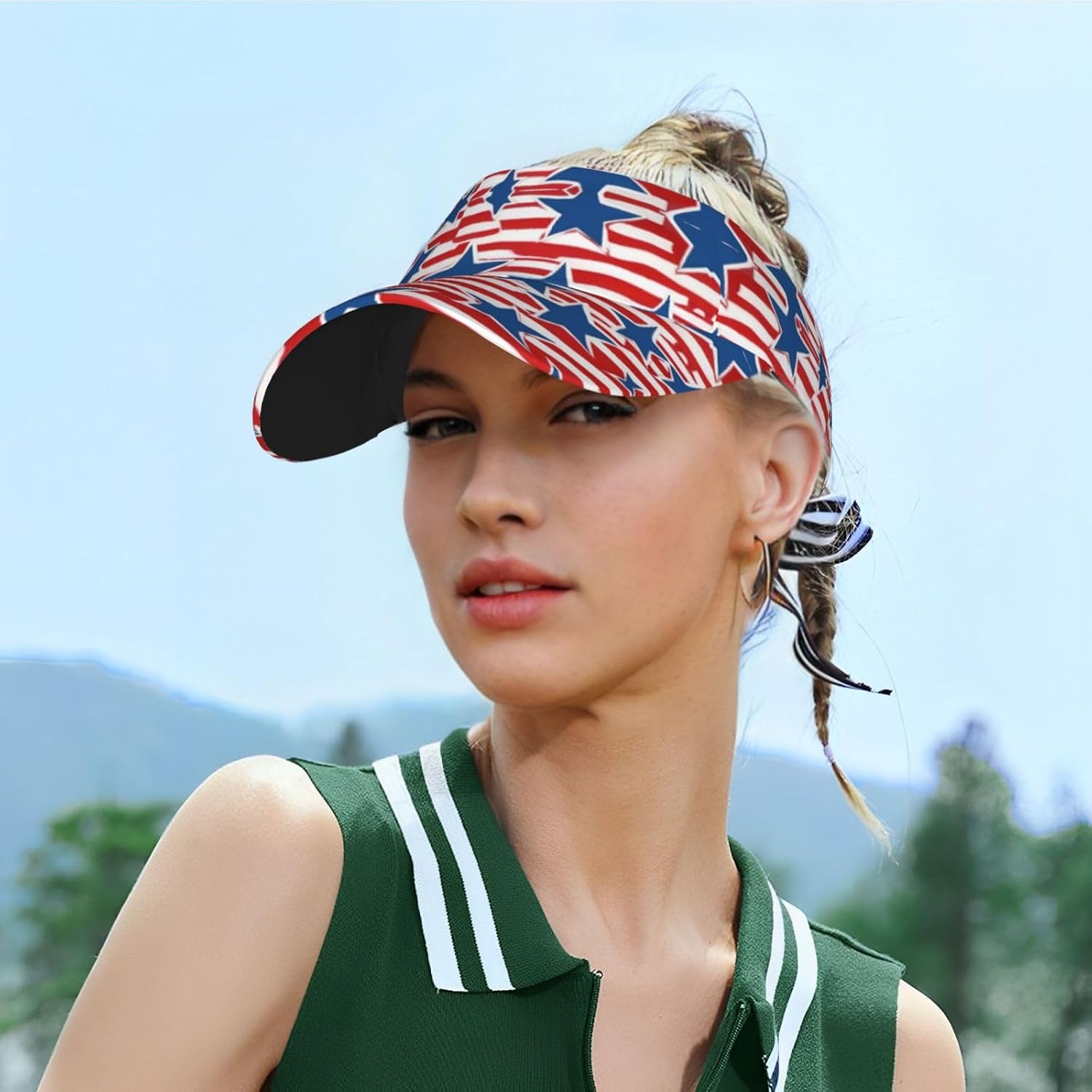 Star Stripe Flag Print Sun Visor Hats for Women Men Adjustable Sports Golf Running Sun Caps Black