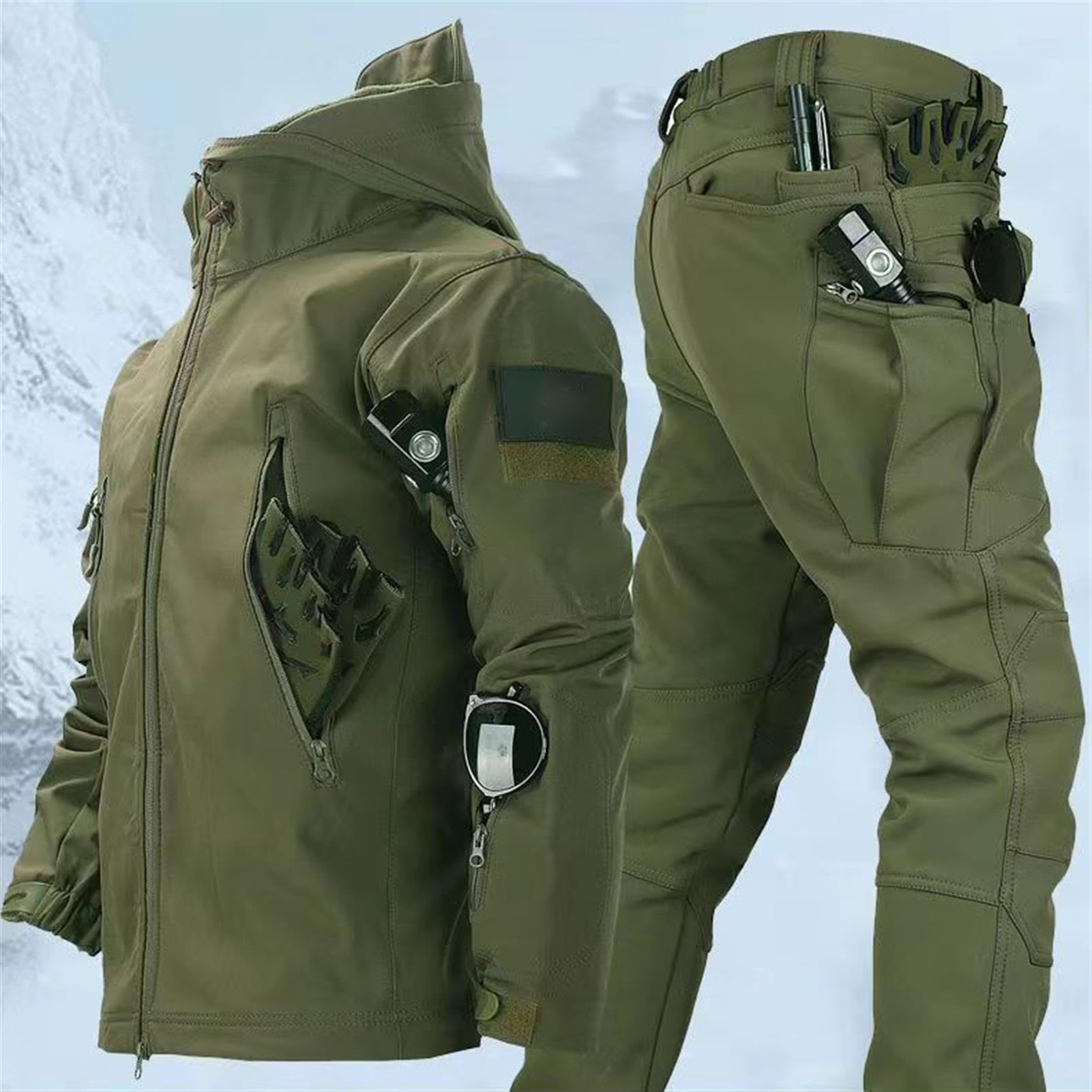 Cappotto da Caccia Giacca Softshell Mimetica Tattica da Uomo Giacca con Cappuccio Impermeabile Set di Tute da Combattimento dell'Esercito Foderato in Pile con Pantaloni Esterno