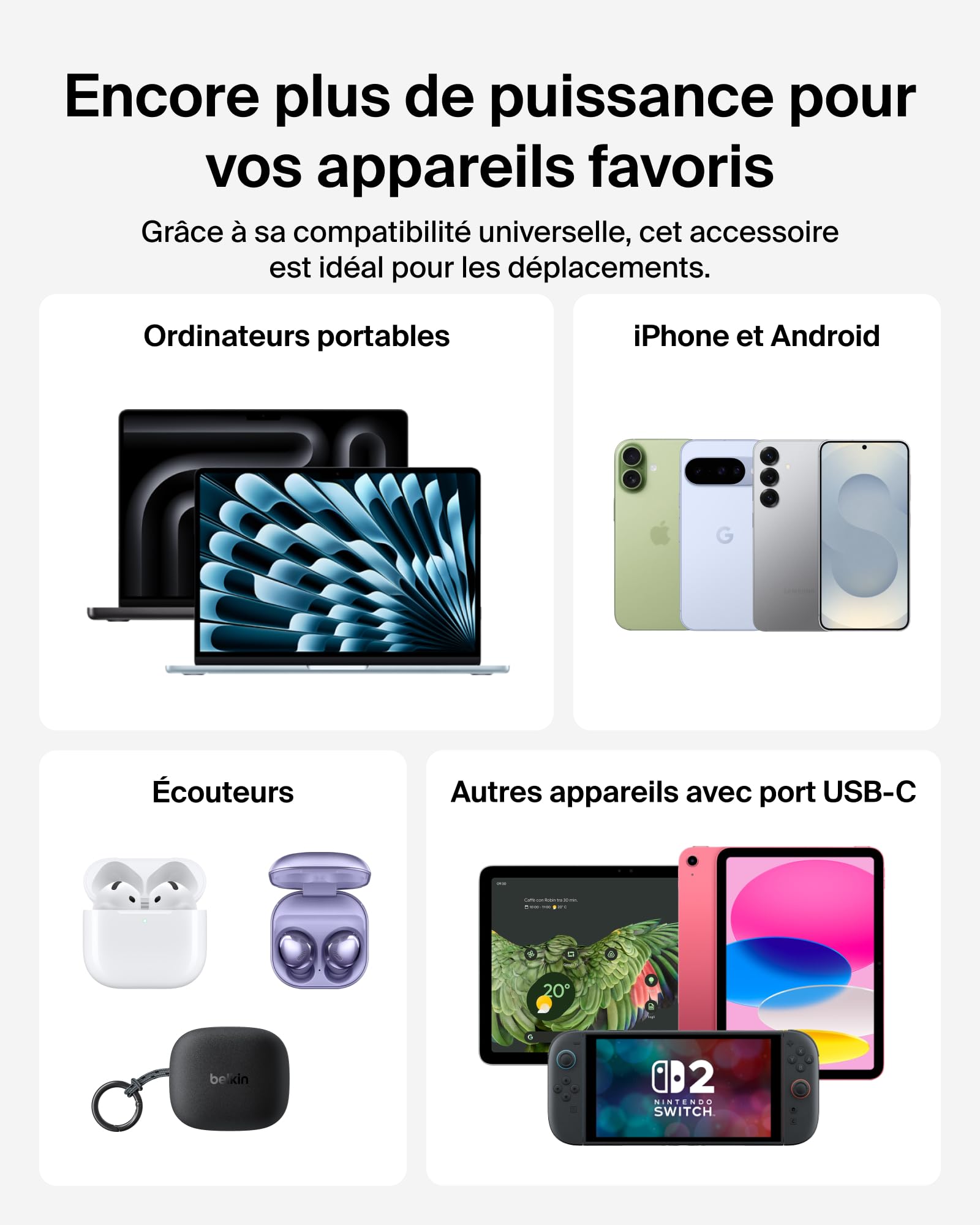 Belkin UltraCharge Pro Batterie Externe 27000mAh, Chargeur Portable avec Câble USB-C Intégré, USB PD 240 W, Power Bank Charge Rapide pour MacBook Pro, iPhone, iPad, Galaxy, Pixel, etc., Gris