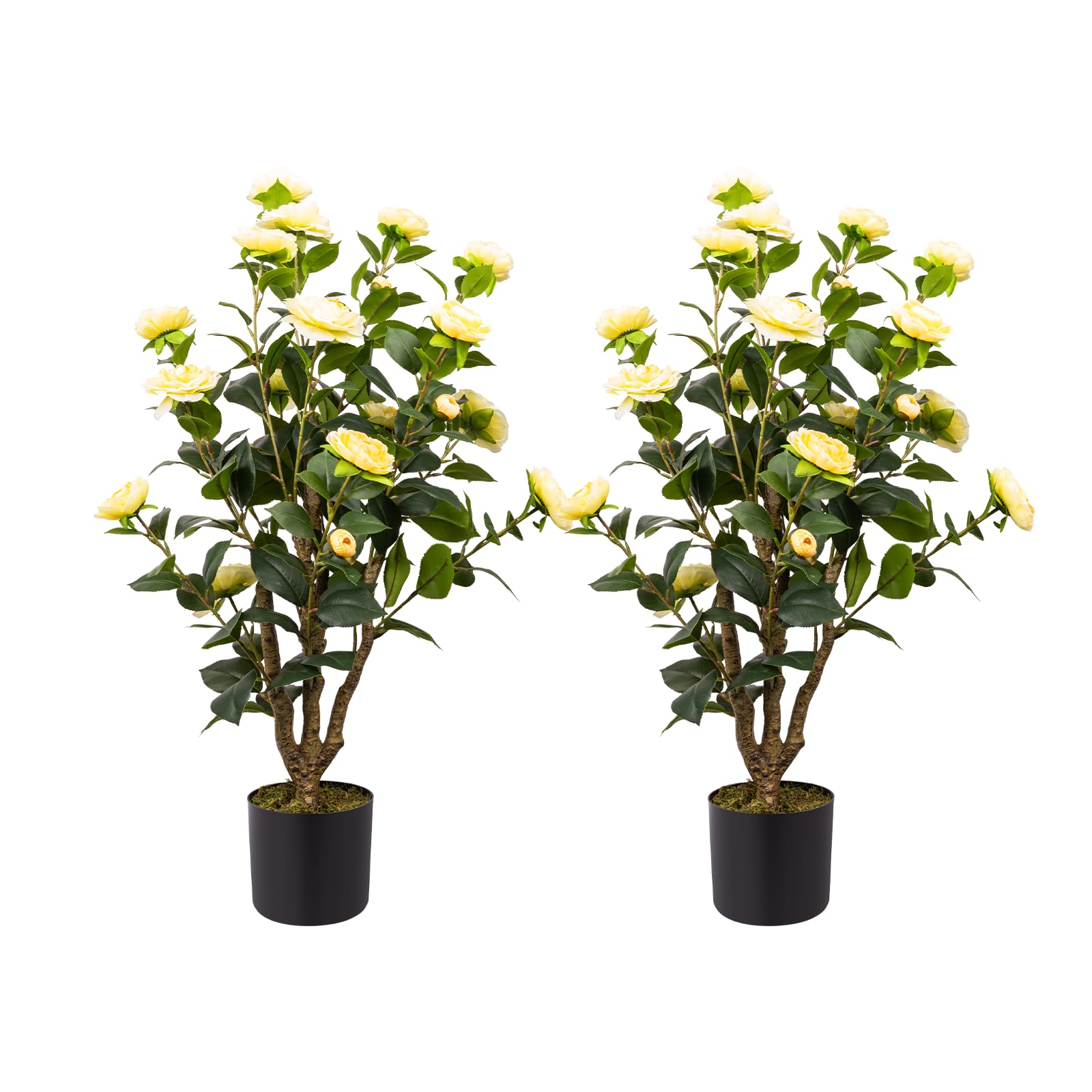 Artificial Camellia Tree, 3FT Yellow Fake Tree Blooming Camellia Flower Plant for Spring Home Front Door Outdoor Indoor Decoration