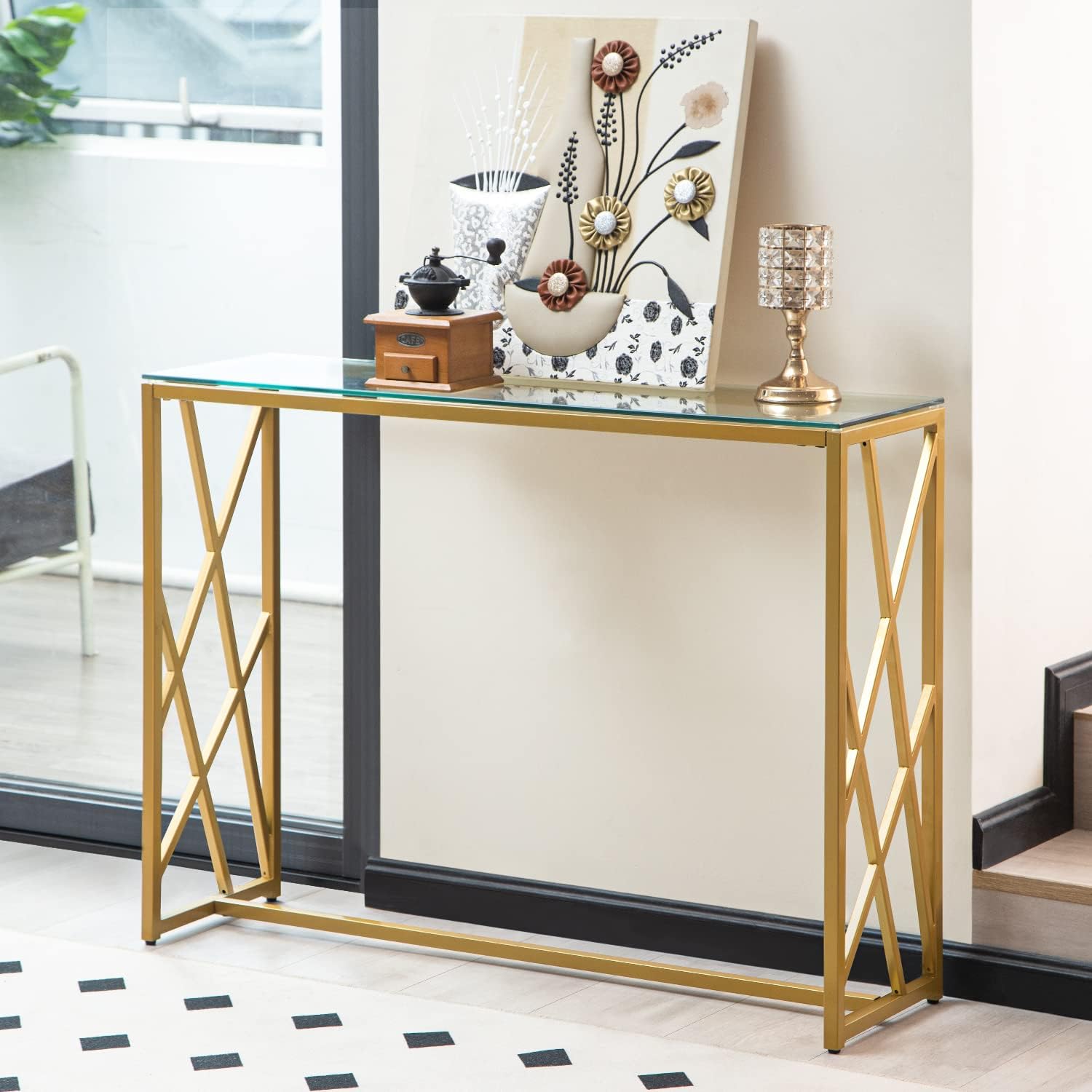 Gold Console Table, Modern Glass Entryway Table with Metal Frame ...
