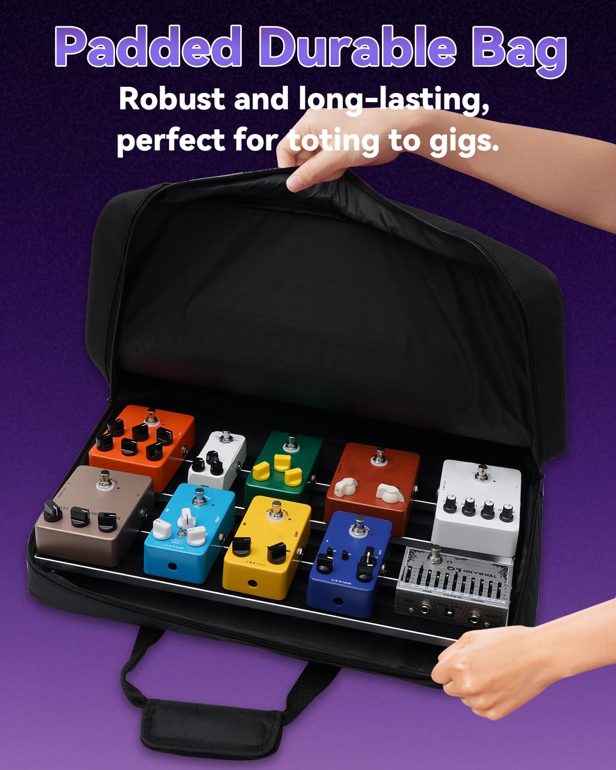 Gitarren-Pedalboard mit gepolsterter Tragetasche, 48,5 x 24,6 cm, Aluminiumlegierung, Pedalboard für 10–16 Pedale, große professionelle Stompbox-Halterung für E-Gitarre und Bass, Klettbänder