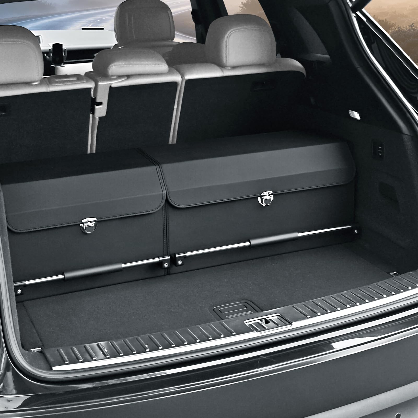 Organizador de maletero con tapa, caja modular 2 en 1 XXL de piel Nappa, asa deslizante empujable, gran capacidad 92L compatible con coches, SUV y monovolúmenes (103 x 29 x 31 cm)