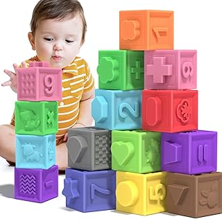 TEMI 12 PCS Soft & Colorful Stacking Blocks Toys, Educational Squeeze Teeth Baby Sensory Toys with Numbers Animals Shapes Textures for 6 Months Boys and Girls