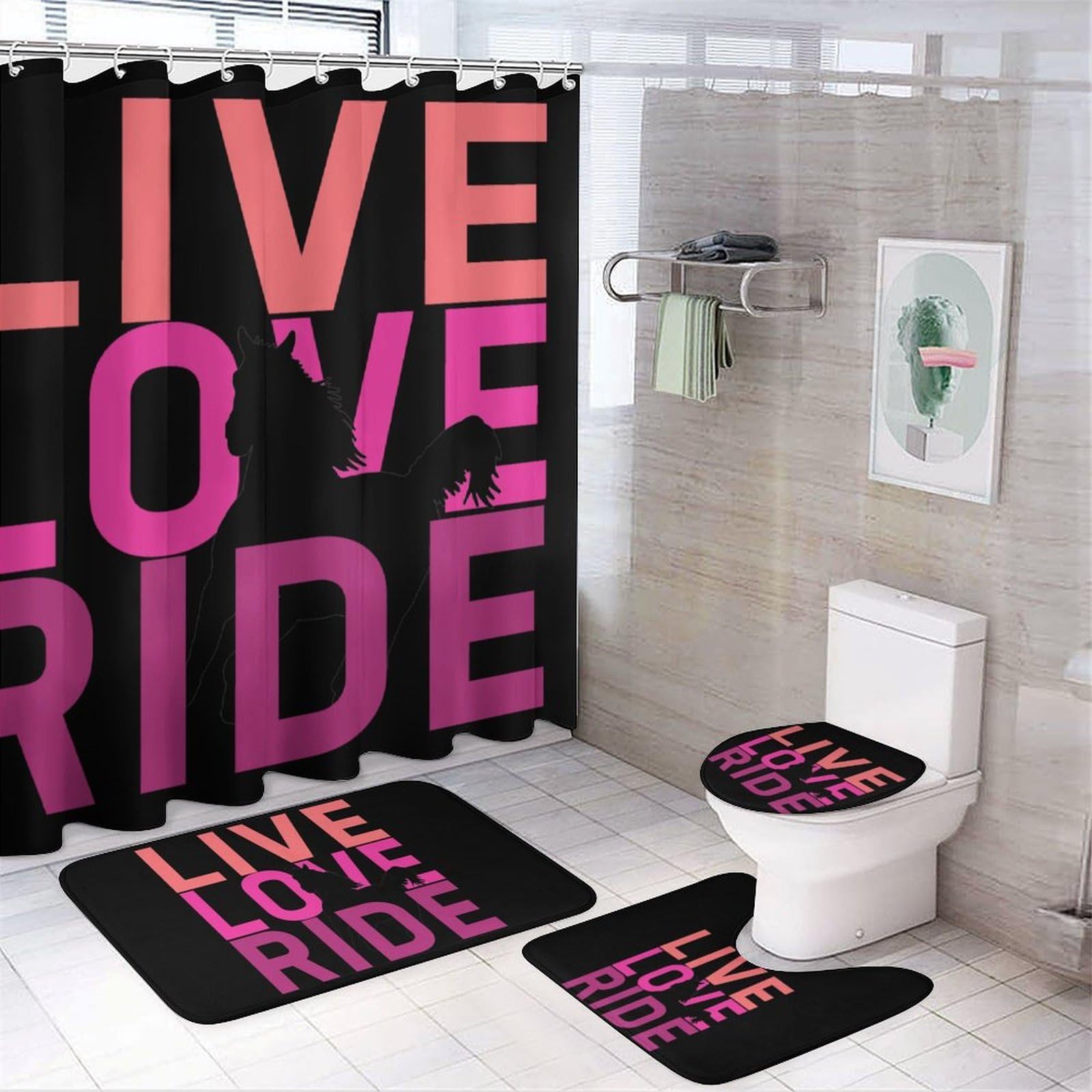 CGSBNGHA Live, Love, Ride Horse Shower Curtain Set 4 Piece Bathroom Sets with Rugs Toilet Lid Cover And U-Shaped Floor Mat