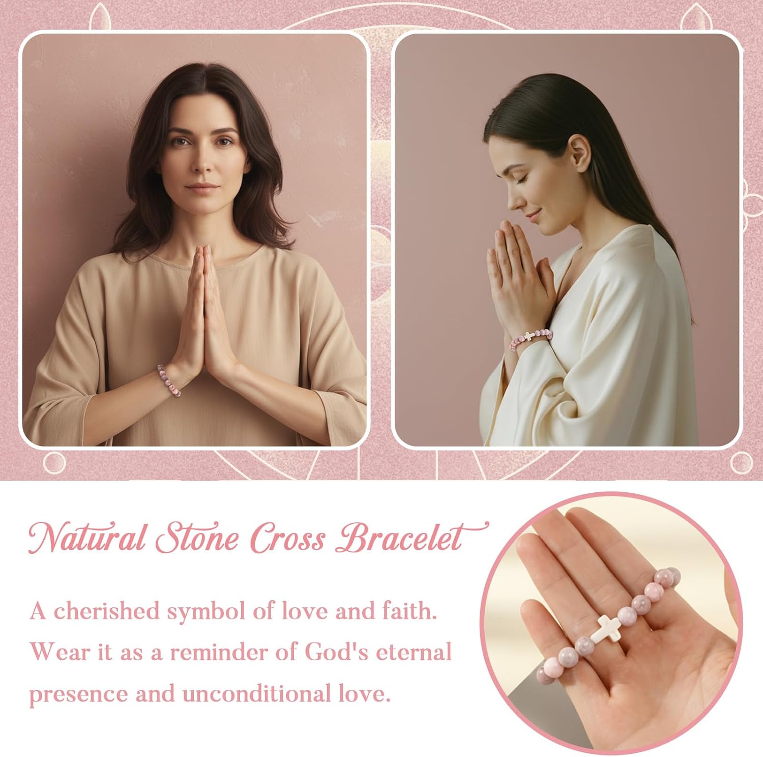 Misdary 16 Pcs Cross Beaded Bracelet Bulk with Bible Card Christian Bracelets for Women Faith Religious Gifts Natural Stone - Image 4